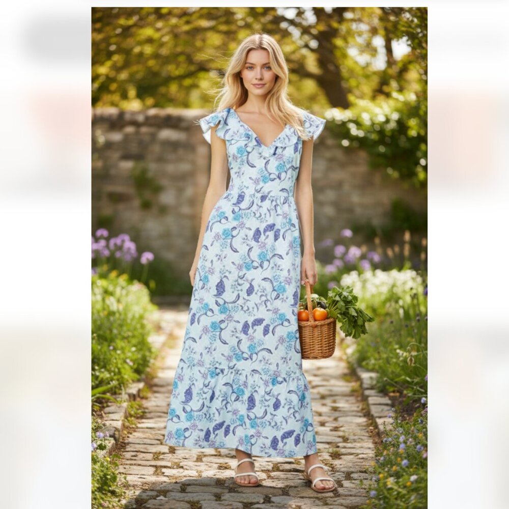 NWT  H Halston  Sleeveless Batik Blossom Angle Blue Ruffled Strap Dress